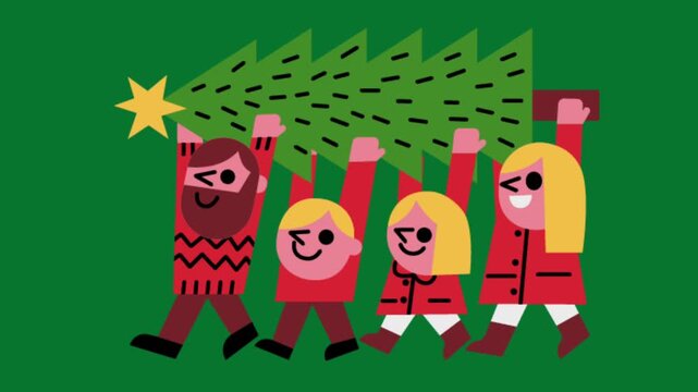 Animated family carrying Christmas tree with happy expressions festive holiday teamwork.
