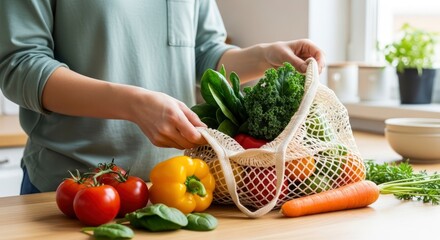 Persons hands holding a mesh bag of produce including kale and spinach above tomatoes a yellow pepper and a carrot on a wooden counter