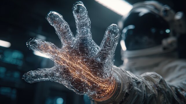 Futuristic scientist in space suit activating advanced glowing digital hologram projection du high tech research laboratory
