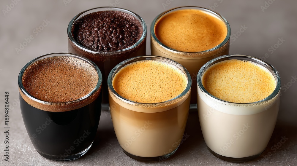 Poster row of five coffee cups, each with a different color of coffee. the cups are lined up on a counter, 
