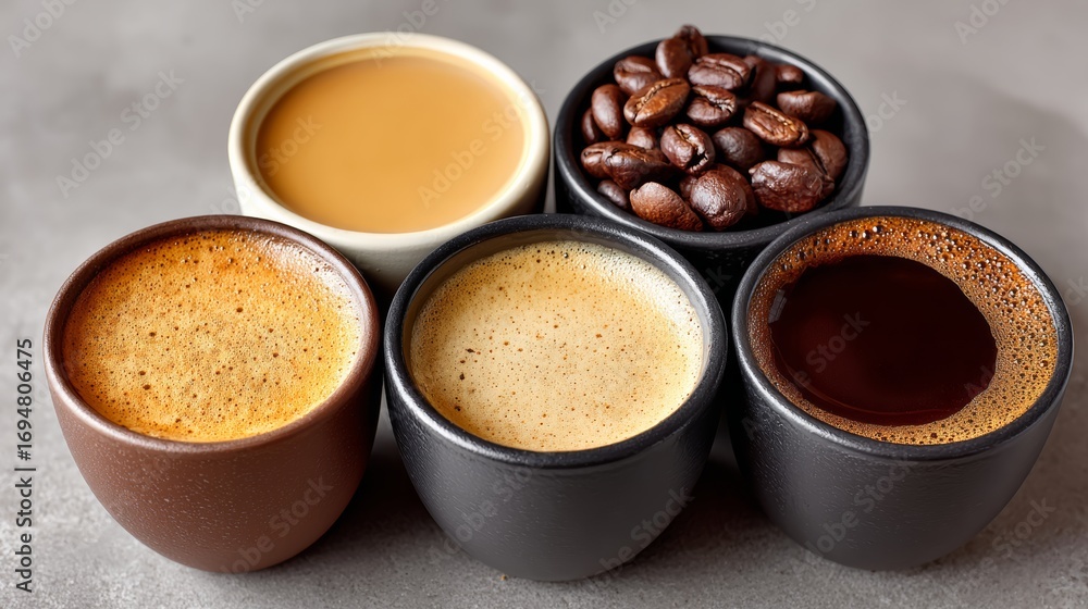 Poster row of coffee cups with different colors and flavors. the cups are arranged in a row, with the light