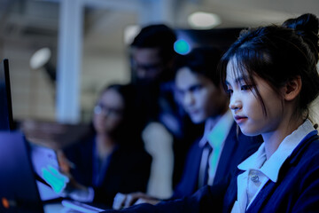 A team of financial analysts in a trading room monitors real-time market data. The lead analyst points out a critical trend, guiding the team's investment strategy after hours.