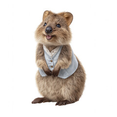 Happy quokka wearing light blue striped vest and white shirt, standing upright with joyful expression, isolated on transparent background