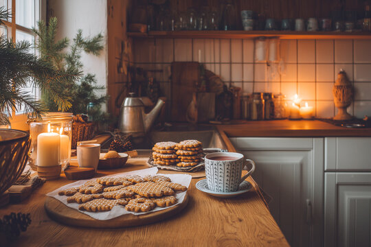 Homemade festive meal preparation in cozy kitchen, gingerbread cookies, hot cocoa, candles, warm lighting - Powered by Adobe