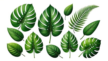 Lush green tropical leaves on a white background