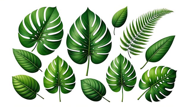 Lush green tropical leaves on a white background