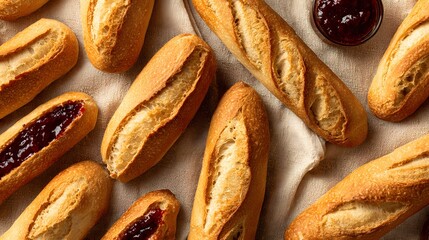 fresh bakery scene with baguette and jam on light fabric, text space at bottom, top view 