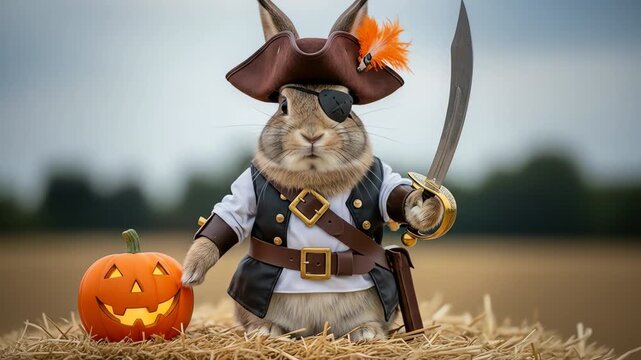 Pirate bunny with sword and jackolantern in field