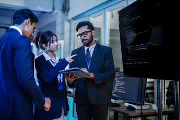 A senior software architect leads a code review session, explaining a complex algorithm to junior developers. He uses a stylus to highlight specific functions on the main display.