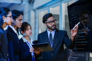 A senior software architect leads a code review session, explaining a complex algorithm to junior developers. He uses a stylus to highlight specific functions on the main display.
