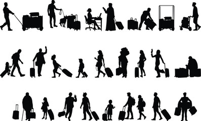 Traveler silhouette, airport scene, luggage pose, family travel, black vector, transportation icon, journey moment, waiting, walking, interaction