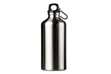 A shiny, stainless steel water bottle.  It's tall and cylindrical, with a simple, black, metal carabiner-style cap and loop