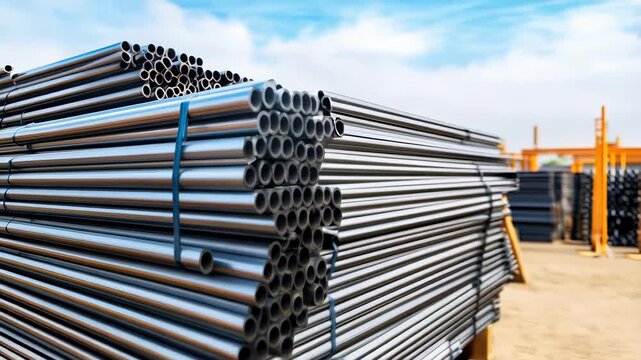 Industrial metal pipes neatly stacked, bundled on wooden pallets, ready for construction project deployment