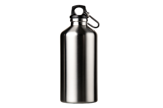 A shiny, stainless steel water bottle.  It's tall and cylindrical, with a simple, black, metal carabiner-style cap and loop