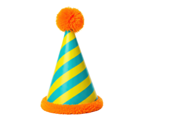 Isolated party hat with orange pom-pom and trim, blue and yellow stripes, fun celebration item