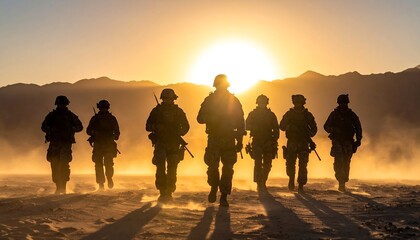 Silhouettes of soldiers marching in a desert at sunset