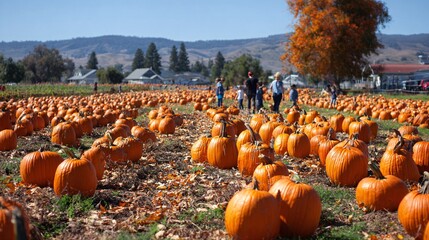 Pumpkin patch with bright orange pumpkins, families picking fruit, autumn leaves scattered on the grassy ground