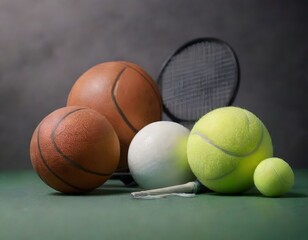 Collection of various sports balls including basketballs tennis balls and racket arranged on green court surface