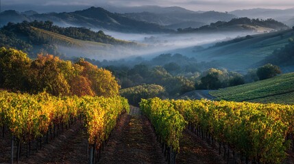 Obraz premium Vineyard on sloping hills, mist rising from valleys, golden light touching the leaves and grape clusters