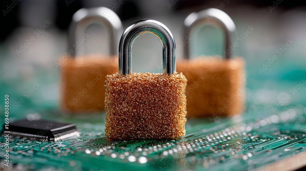 Poster three locks are on a green board. the locks are made of metal and have a fuzzy texture. the locks ar