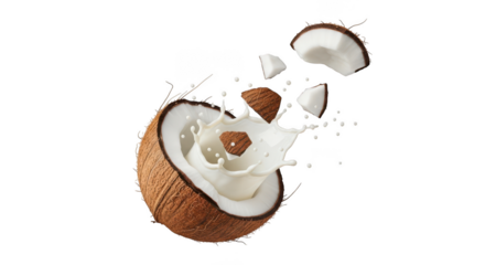 Coconut with milk splash isolated on transparent background, a tropical delight