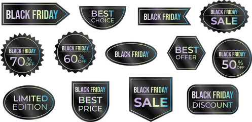 Collection of stickers and labels with holographic inscriptions with discounts and special offers, Black Friday sale.