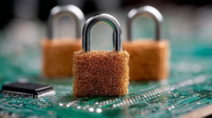 Three locks are on a green board. The locks are made of metal and have a fuzzy texture. The locks are arranged in a row, with the middle one being the tallest. Concept of security and protection