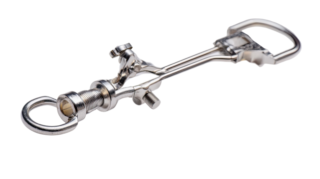 Chrome-plated metal bridle component,  showing intricate linkages