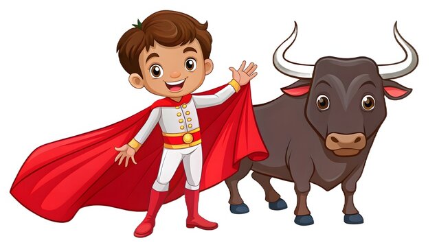 Cartoon Matador with Red Cape and Bull Together in a Colorful Illustration Perfect for Children's Books and Educational Resources