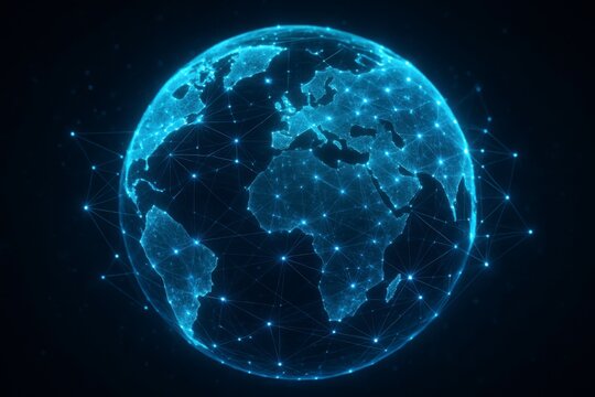 Glowing digital earth with connected nodes representing global network and technology - Powered by Adobe