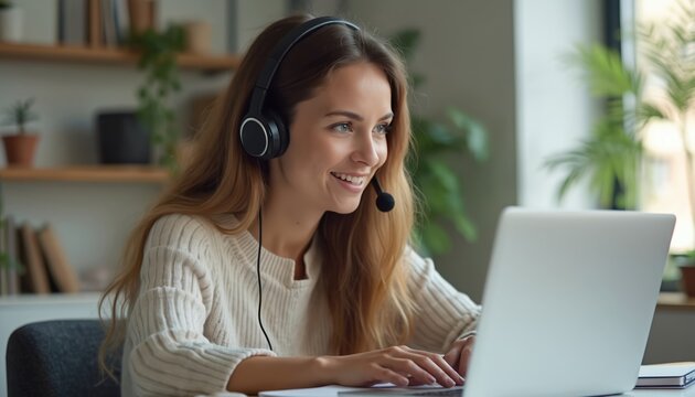 Young woman with headset actively participates in online class work meeting. Studies works from home, using laptop for video conference call. Focused, engaged, takes notes interacting with teacher