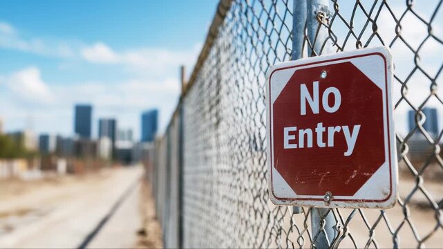 Warning red no entry sign blocking access on metal wire mesh fence with blurred urban buildings rising behind perimeter barrier