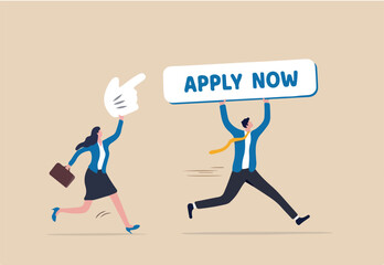 Apply new job online, career opportunity or employment vacancy, job application or opening position concept, businessman holding apply now button and businesswoman with mouse pointer to click. 