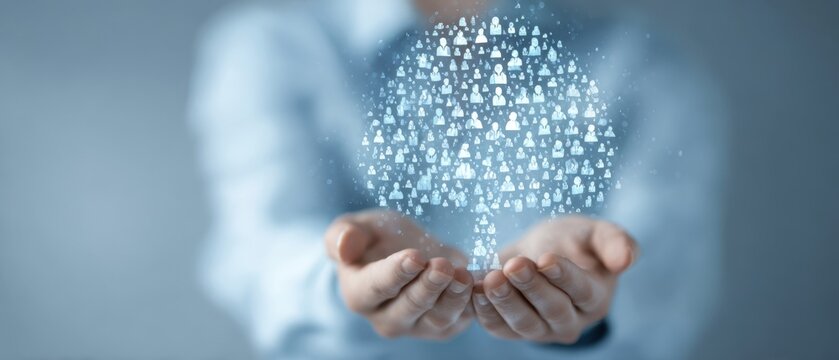 The globe of connected people hovering above open hands symbolizing global networking