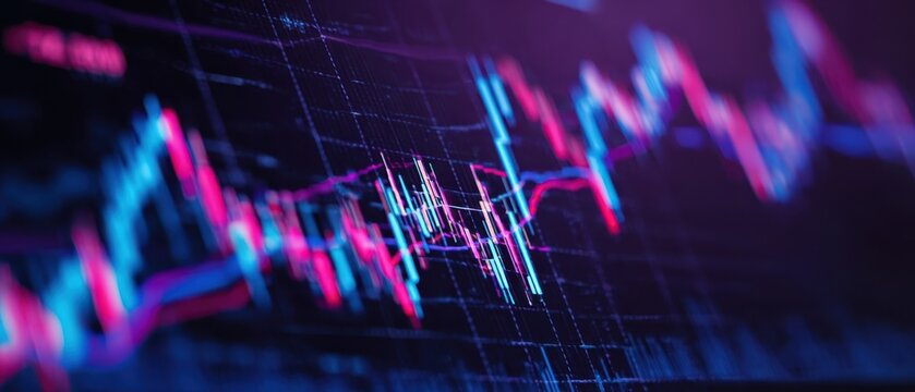 The chart of neon digital stock market data with candlesticks and glowing lines