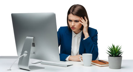 Young woman focused on computer screen, frowning and touching her forehead with her hand, showing concentration and stress while working on a desktop computer in an office