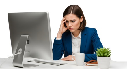 Struggling businesswoman at a computer, looking frustrated and stressed with a headache while working late