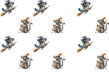 Seamless Halloween pattern with cute lemurs in witch hats flying on broomsticks, holding pumpkins, cauldrons, lanterns, and surrounded by spooky candy, lollipops, and festive holiday decorations.