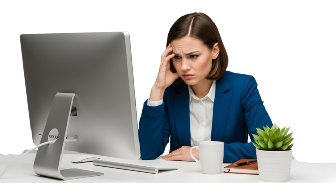 Struggling businesswoman at a computer, looking frustrated and stressed with a headache while working late
