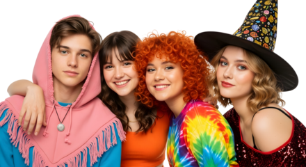 Four friends wearing colorful costumes and a witch hat, celebrating Halloween with a vibrant and fun atmosphere