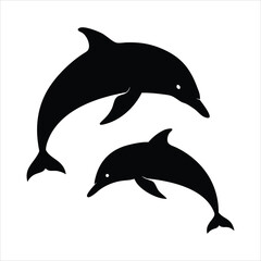 Two black silhouette dolphins leaping and swimming together isolated on white background