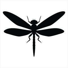 Black silhouette of a dragonfly with spread wings isolated on white