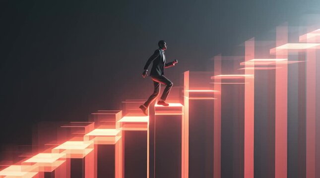 Conceptual scene of a person climbing a staircase formed by glowing holographic bar charts, symbolizing career growth, professional success, ambition, and steady progress in a modern business context.