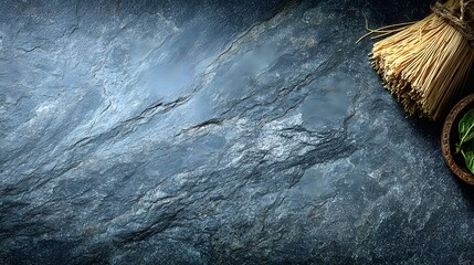 modern black counter with pasta and sauce in corner, copy space on upper left, side view 