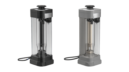 Two modern, transparent, and gray/black, compact appliances