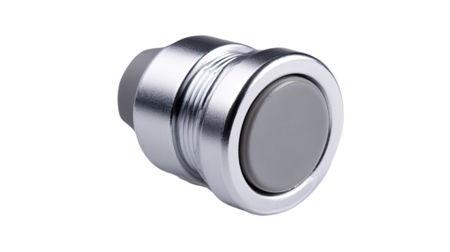 Aluminum push button switch, studio shot, grey, industrial background, electronic control