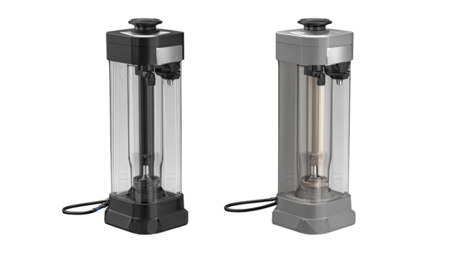 Two modern, transparent, and gray/black, compact appliances