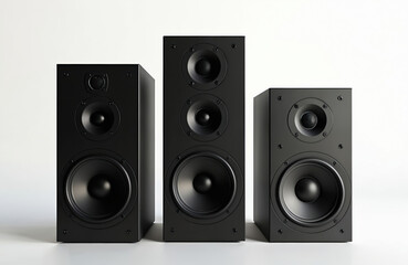Naklejka premium Three black audio speakers of various sizes arranged against clean white background. Speakers feature multi-driver design, indicating studio quality sound reproduction for home theatre stereo
