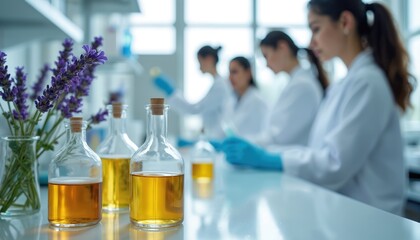 Scientists in lab coats work on cosmetic formulation and quality testing. Bottles with amber liquid and lavender sprigs are on table. Focus on RD, safety, and hygiene in beauty product manufacturing.