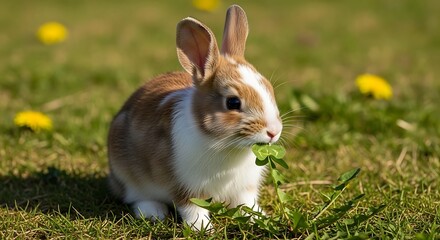 Cute bunny eating clover in field.